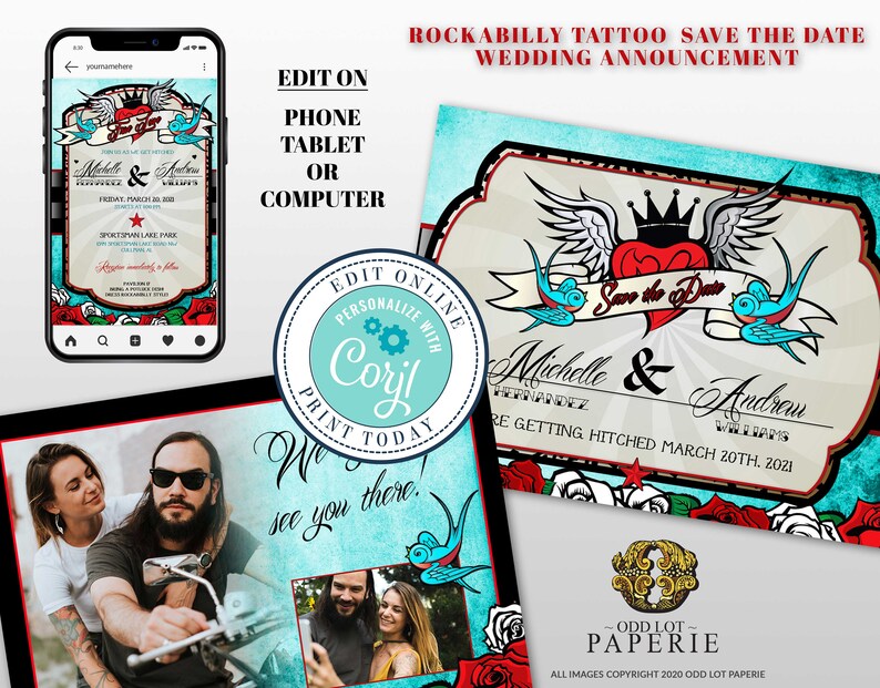 Rockabilly Wedding, Rockabilly Save the Date Cards, DIY Corjl Editable Cards, Rocker Wedding, Tattoo , Photo Save the Date Announcements image 1