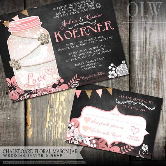Rustic Mason Jar Wedding Invite And Rsvp Chalkboard Wedding