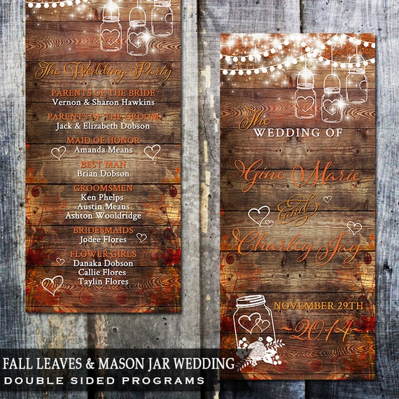 Rustic Fall Leaves Mason Jar Wedding Program Wood Etsy