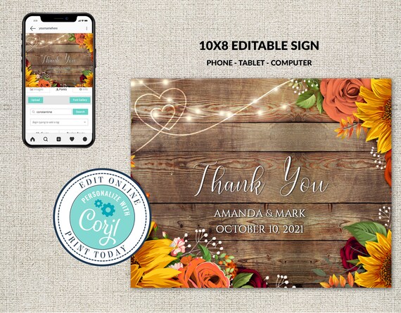 Wedding Sign, 10x8 landscape, Editable Thank You Sign Template, Rustic Wood Fall Sunflowers & Roses, Wedding Thanks, Editable Corjl File Il_570xn