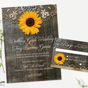 Sunflower Wedding Invitation Set Rustic Sunflower Country Wedding Invites Wood Grain Background Rustic Wedding Rustic Chic Printable Invite image 1