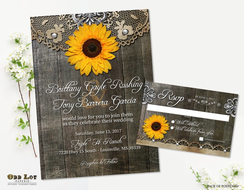 Sunflower Wedding Invitation Set Rustic Sunflower Country Etsy