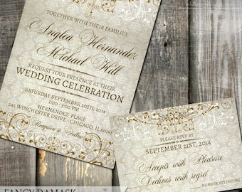 Damask Wedding Invitation, Damask Bridal Shower Invitation, Fancy Wedding Invite, Digital or Printed, Elegant Wedding Shower Invite, Gold
