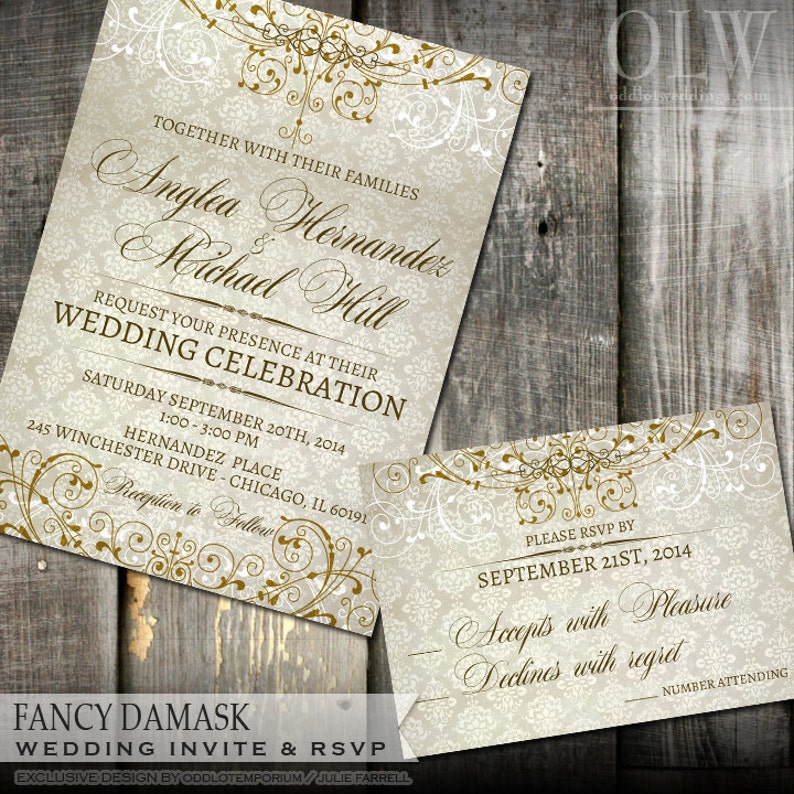 Damask Wedding Invitation, Damask Bridal Shower Invitation, Fancy Wedding Invite, Digital or Printed, Elegant Wedding Shower Invite, Gold image 1