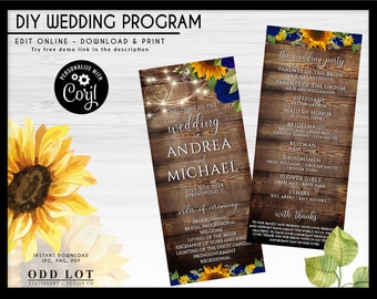 Editable Wedding Reception Program, Sunflowers and Navy Roses, Order of service program, Ceremony program, Corjl DIY Template, Riustic