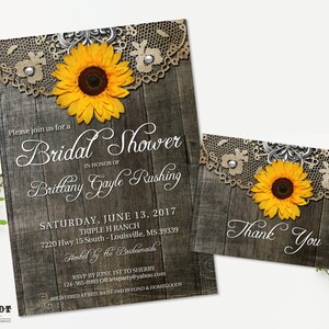 Sunflower Bridal Shower Invitation Set Rustic Bridal Shower Invite Country Rustic Wedding Barn Wood Lace Printable invite Rustic Sunflower image 4