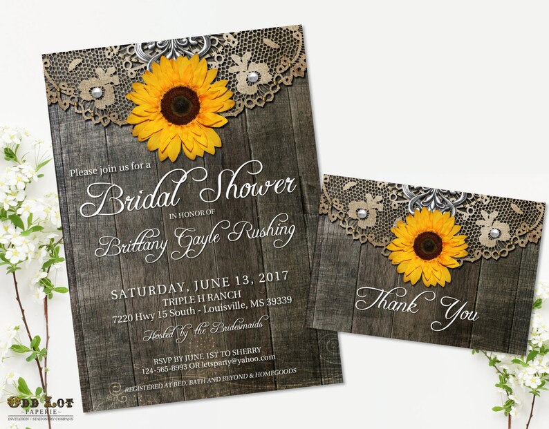 Sunflower Bridal Shower Invitation Set Rustic Bridal Shower Invite Country Rustic Wedding Barn Wood Lace Printable invite Rustic Sunflower image 4