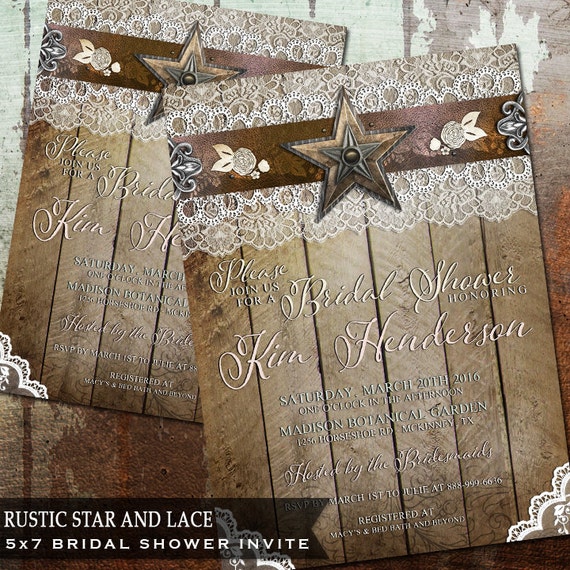 Rustic Lace and Metal Star Bridal Shower Invitation DIY Printable Invitation Texas Star Country Rustic wedding Stationery Wood Lace Il_570xn