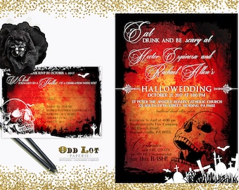 Halloween Wedding Invitation Gothic Wedding Invite Skull Wedding Graveyard Bats Spooky Printable Wedding Invitations Hallows Eve Party DIY