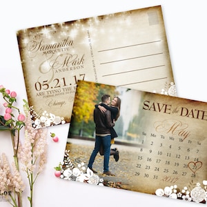 Rustic enregistrer la carte postale Date calendrier imprimable Photo Save the Date mariage rustique Invitation Floral String lumières pays invitation de mariage