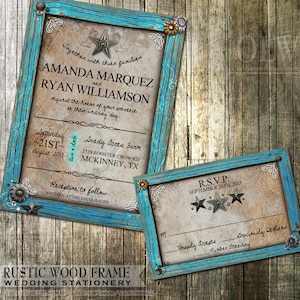 Invitation de mariage rustique et RSVP - cadre Turquoise rustique avec des embellissements-Digital