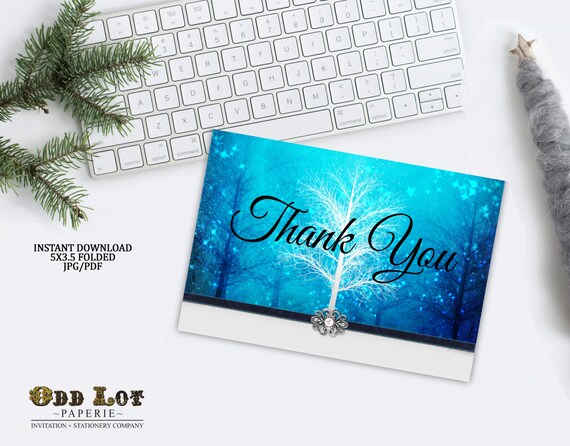 Winter Tree Thank You Card Printable Thank You Card Winter Wonderland Greeting Card in Blue with Faux band and embellishments Rustic Il_570xn