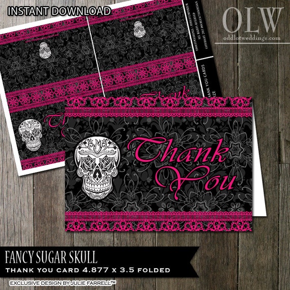 Printable Skull Thank You Card Fuchsia and Black Gothic Thank You Folded Card Calaveras Thank You Skull wiht roses for eyes DIY Card Il_570xn