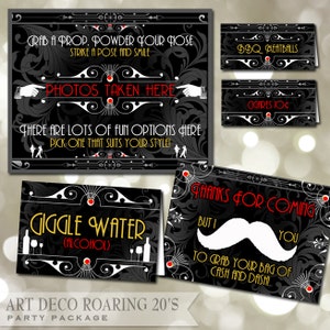 Art Deco Great Gatsby Wedding Stationery - Insegne per cabine fotografiche, Segni di bomboniera, 5 carte tenda medica, 11 carte tenda alimentare fai-da-te Stampabili digitali fai-da-te
