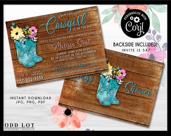Cowgirl Baby Shower Invitation, Editable Baby Shower Invite, Country Western Sprinkle Invite, DIY Corjl, Girl Baby Shower, Cowboy Boots