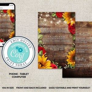 Wedding Insert Card Template, Rustic Wood with Sunflowers & Roses Information Card, Editable Printable Hotel File,Instant Download, Corjl