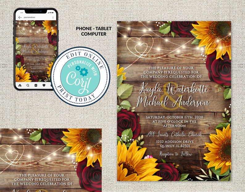 Wedding Invitation Template, Rustic Wood with Sunflowers & Roses Invitation Suite,Rustic Burgundy, Wood Wedding Invite Editable Corjl File image 10