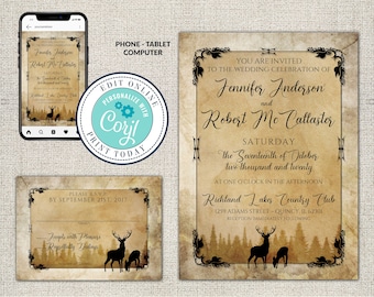 Hunting Wedding Invitation, Camo Wedding, DIY Editable wedding invitation, Corjl edit Yourself and Print, Wedding Invitations with RSVP