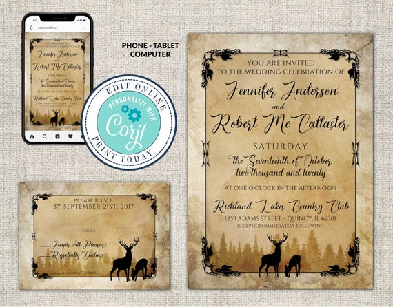 Hunting Wedding Invitation, Camo Wedding, DIY Editable wedding invitation, Corjl edit Yourself and Print, Wedding Invitations with RSVP Il_570xn