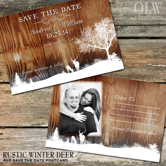 Rustic Winter Wedding Save the Dates Country Winter Snow landscape with Deer and Trees-Wood Background - Digital Printable File Il_570xn