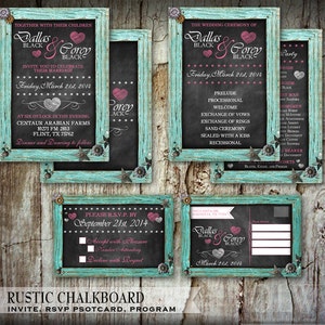 Rustic Chalkboard Wedding Invitation, Turquoise and Pink Hearts Invitation, Printable Wedding Stationery, Rustic invitation, Embellishments