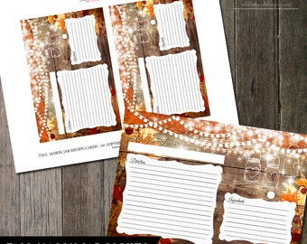 Printable Recipe Cards, Fall Mason Jar Rustic Wood Recipe Cards, Rustic Recipe Cards, Bridal Shower Favor Recipe Card, Blank Recipe Cards