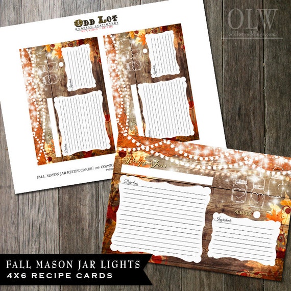 Printable Recipe Cards, Fall Mason Jar Rustic Wood Recipe Cards, Rustic Recipe Cards, Bridal Shower Favor Recipe Card, Blank Recipe Cards Il_570xn