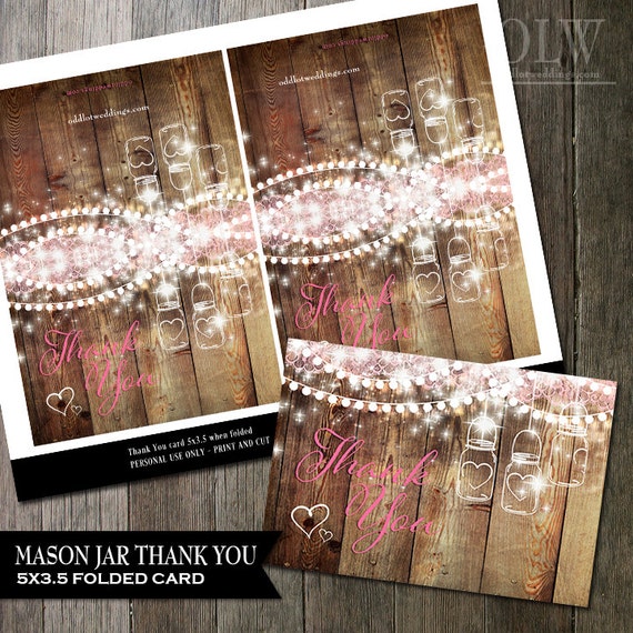 Rustic Mason Jar Printable Thank You Card - Flat Printable- Rustic Wood Mason Jar hanging lights . Digital Listing DIY Printable Pink Color Il_570xn