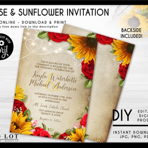 Rose & Sunflower Wedding Invitation with Parchment Background. Sunflowers and Roses Editable Invite, Red Roses, Editable Corjl File, DIY image 2