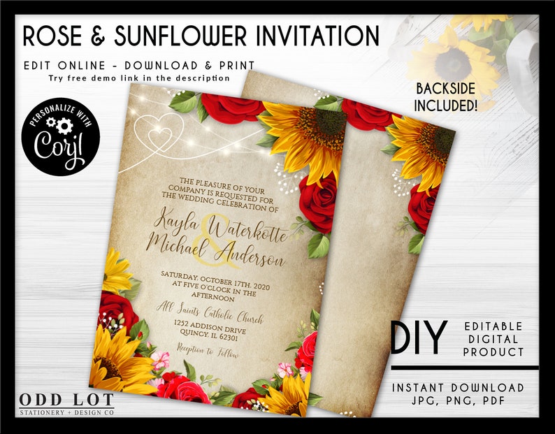 Rose & Sunflower Wedding Invitation with Parchment Background. Sunflowers and Roses Editable Invite, Red Roses, Editable Corjl File, DIY image 2