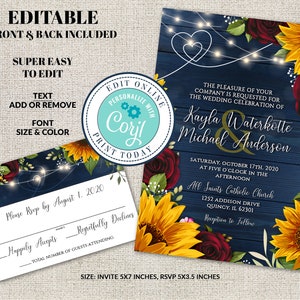 May include: Editable wedding invitation template with a blue wood background, sunflowers, burgundy roses, and string lights. The text reads "The pleasure of your company is requested for the wedding celebration of Kayla Waterkotte & Michael Anderson" and includes the date, time, and location of the wedding. The RSVP card is also included with a blue border and the text "Please RSVP by August 1, 2020".