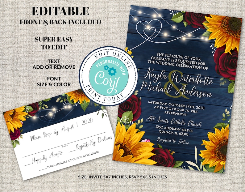 May include: Editable wedding invitation template with a blue wood background, sunflowers, burgundy roses, and string lights. The text reads "The pleasure of your company is requested for the wedding celebration of Kayla Waterkotte & Michael Anderson" and includes the date, time, and location of the wedding. The RSVP card is also included with a blue border and the text "Please RSVP by August 1, 2020".