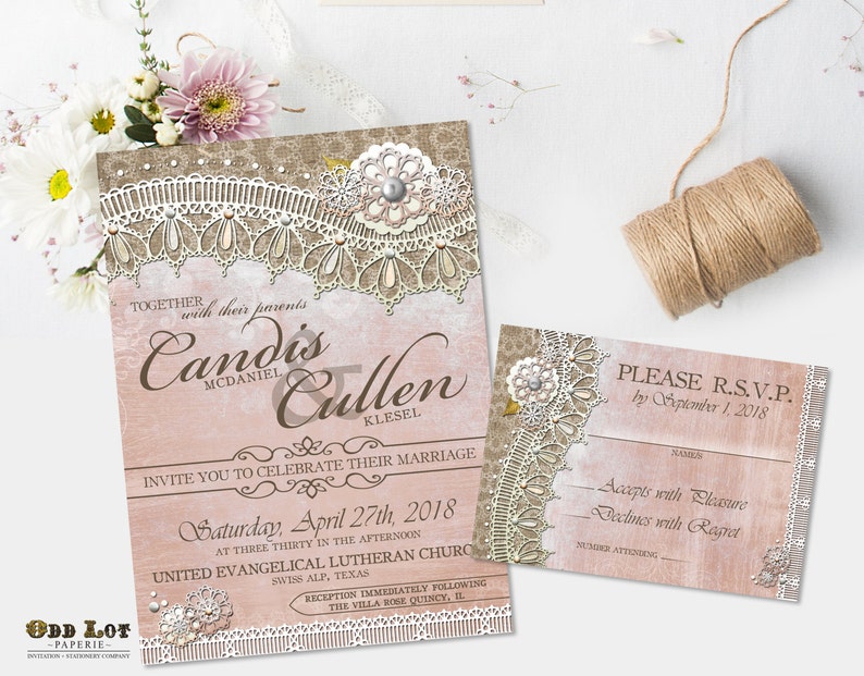 Rustic Lace Wedding Invitation Pink Lace Wedding Suite Printable Wedding Invite Suite Country Rustic Cottage Chic Wedding Invites DIY Print image 2