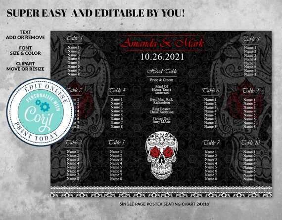 Editable Skull Wedding Seating Chart, Black And White Sugar Skull Day of the Dead, Dia De Los Muertos, Wedding Seating Plan Guest List Corjl Il_570xn