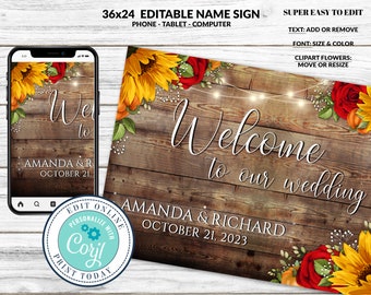 Welcome Wedding Sign, Sunflower and Roses, Personalized Sign, Autumn Wedding Sign, Pumpkins, Fall Rustic Wedding, DIY Corjl, Customizable