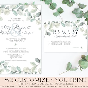 Watercolor Eucalyptus Wedding Invite, Greenery Wedding Invitation, Foliage, Watercolor, Green Leaves, Eucalyptus Printable Invitation, PDF