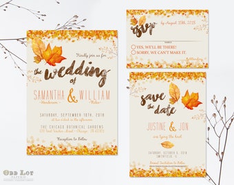 Autumn Wedding Invitation Set Fall Wedding Invitations DIY Printable Rustic Wedding Invite Digital Template Yellow Orange Outdoor wedding