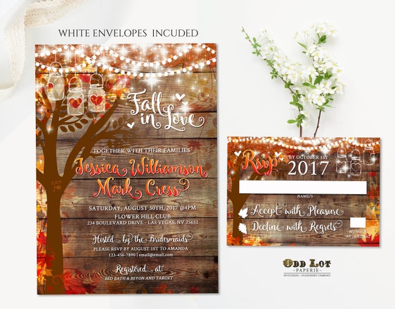 Falling Leaves Wedding Invitations, Heart Carved Oak Tree, Autumn Wedding Stationery, Rustic Fall Hanging Lights Autumn Mason Jar Printed Il_570xn