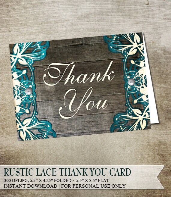 Rustic Thank You Card, Turquoise Lace, Rustic Wood, Vintage Thank You card, Printable Thank You, DIY thank you Il_570xn