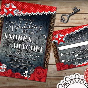 Rockabilly Wedding Invitation Set, Offbeat Wedding, Rockabilly Red and White Polkadot, Rockabilly Denim and Lace, DIY Rockabilly Wedding