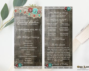 Printable Wedding Program Order of Ceremony DIY Program Printable DIY Wedding Program in rustic wood and lace with flowers ~Wood Lace