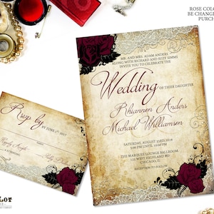 Rose Wedding Invitations Set Vintage Background with lace and red rose flowers Digital Printable Wedding Stationery Set Rustic Vintage DIY image 1