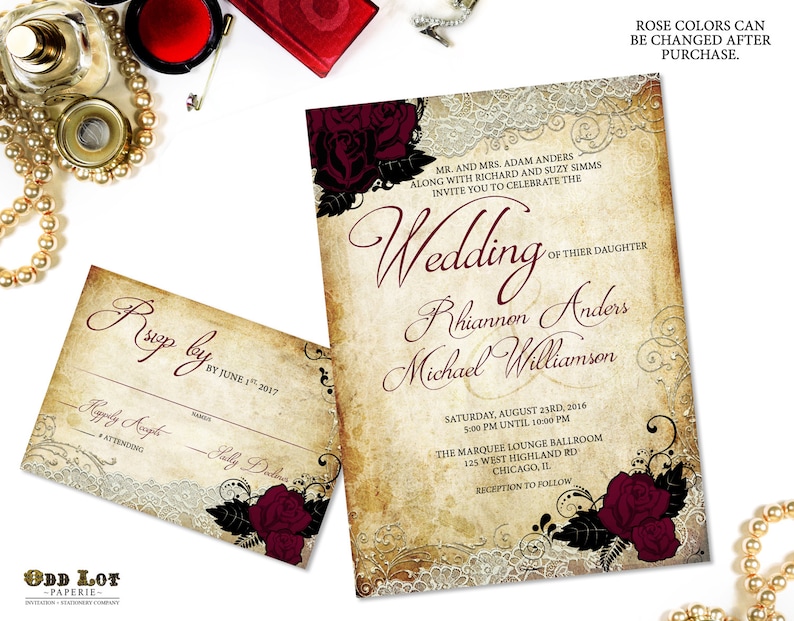 Rose Wedding Invitations Set Vintage Background with lace and red rose flowers Digital Printable Wedding Stationery Set Rustic Vintage DIY image 1