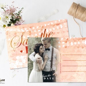 Blush Pink Watercolor Save the Date Postcard Botanical Floral Save the date Hearts Wedding Card Digital File or Printed 4x6 Postcard Boho image 5