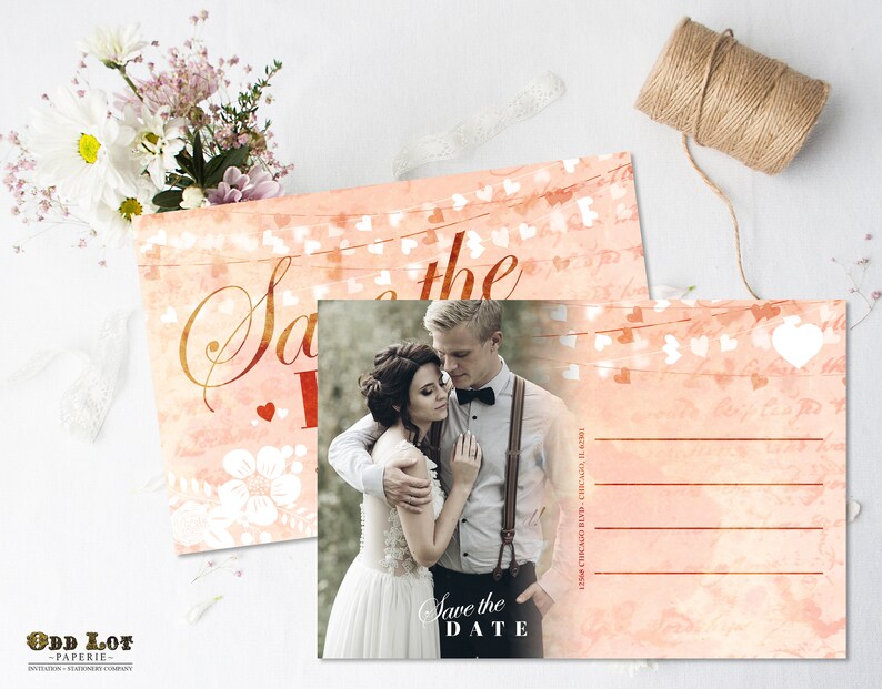 Blush Pink Watercolor Save the Date Postcard Botanical Floral Save the date Hearts Wedding Card Digital File or Printed 4x6 Postcard Boho image 5