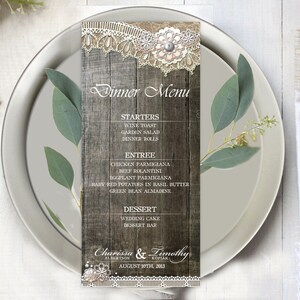 Rustykalne menu ślubne z koronki DIY do wydrukowania papeterii ślubnej elementy vintage rustykalne zaproszenie ślubne rustykalne zaproszenie ~koronkowe drewno