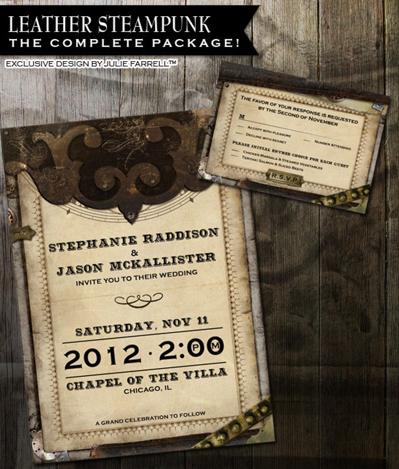 Steampunk Victorian Faux Leather Wedding Invitation Package Gears and Parchment Paper Digital Printable Invite Rsvp and more image 2