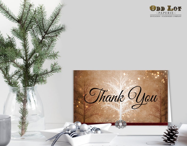 Printable Thank You Card, Tree Thank You Card Winter Wonderland Greeting Card in Brown with Faux band and embellishments Rustic image 3