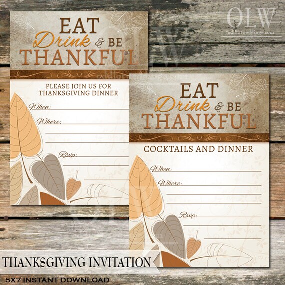 Thanksgiving Invitation - Instant Download - Fall Leaves Eat Drink & Be Thankful DIY Digital Printable Il_570xn