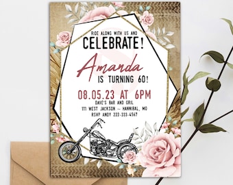 Rustic Motorcycle Birthday Invitation Template, Floral Geometric, Biker Birthday Party, Editable Printable File,Instant Download, Corjl